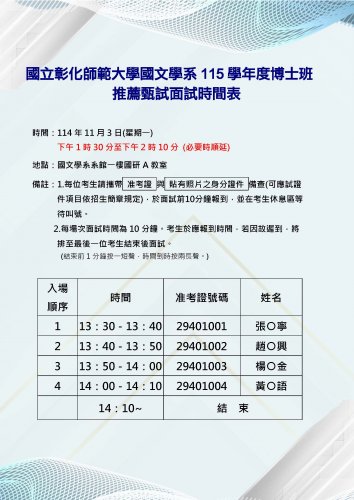 115學年度國文學系博士班推薦甄試面試時間表