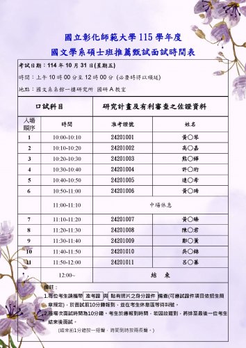 115學年度國文學系碩士班推薦甄試面試時間表