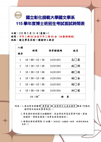 115學年度國文學系博士班招生考試面試時間表
